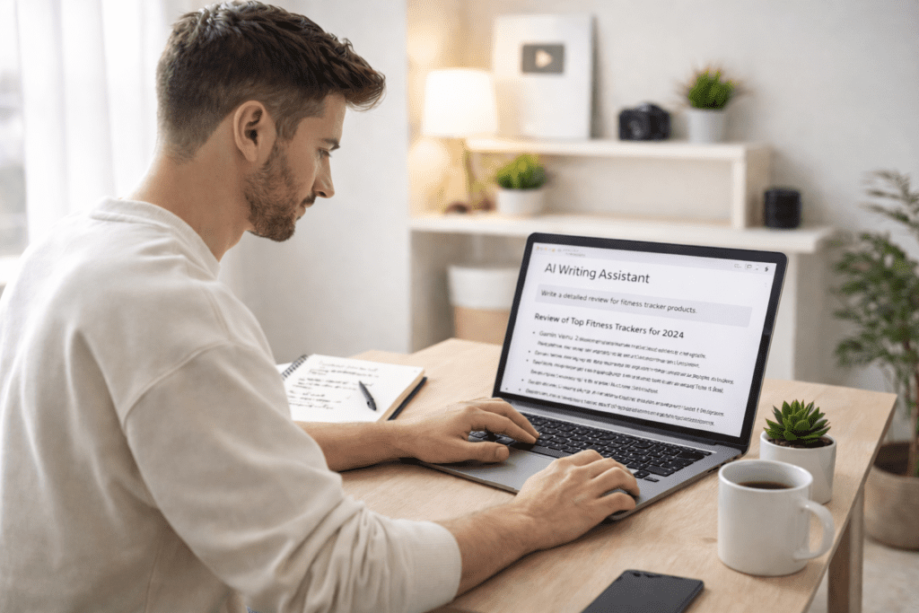 Content creator using ai writing tools for affiliate marketing while drafting a product review on a laptop