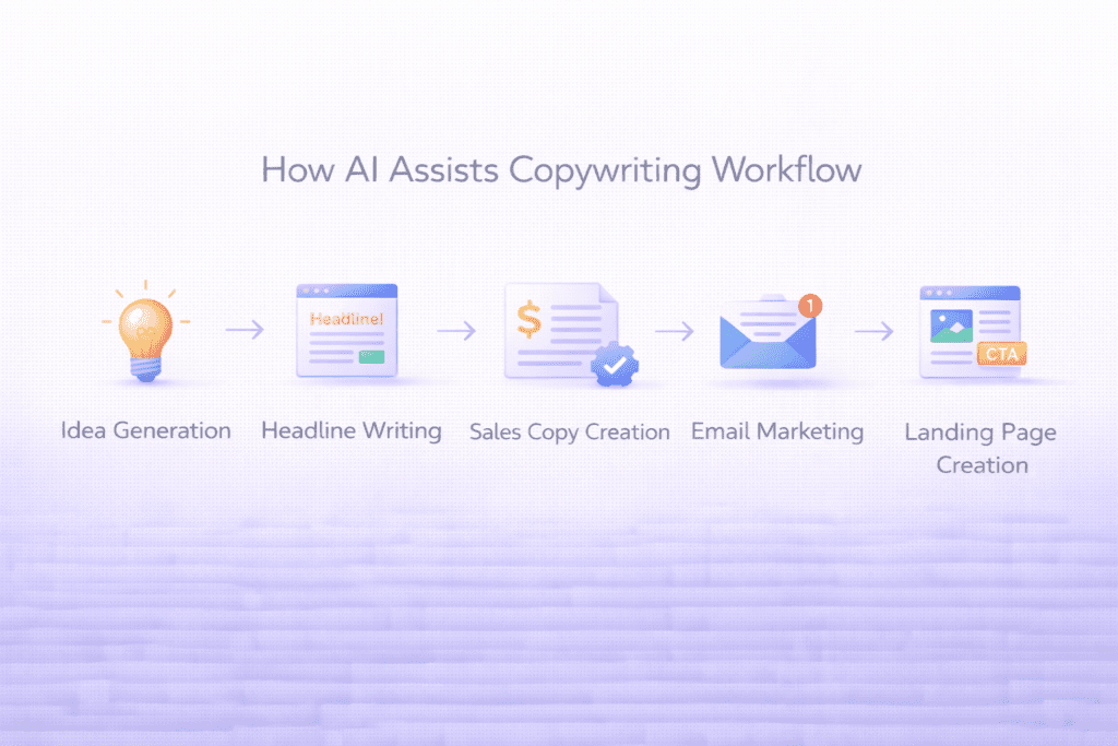 Workflow diagram showing how ai copywriting tools for sales pages help with idea generation headlines and landing page content