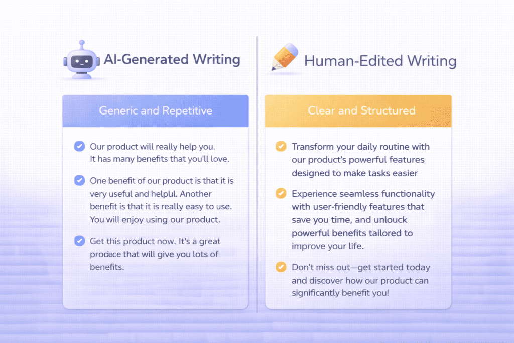 Comparison infographic showing AI generated writing versus human edited writing highlighting common AI writing mistakes