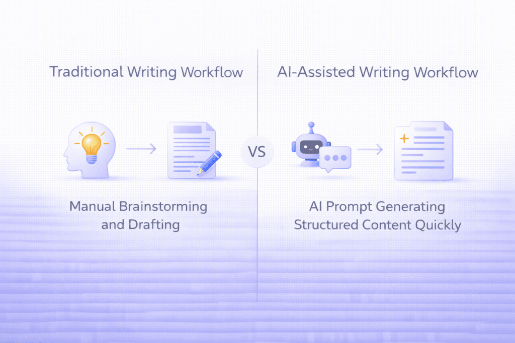 Infographic comparing traditional writing workflow and AI assisted workflow explaining how does Jasper AI work