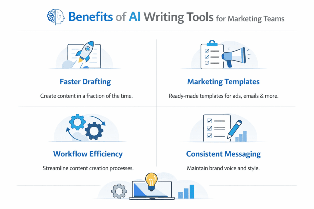 Infographic showing benefits of AI writing tools explaining what is Jasper AI for marketing teams