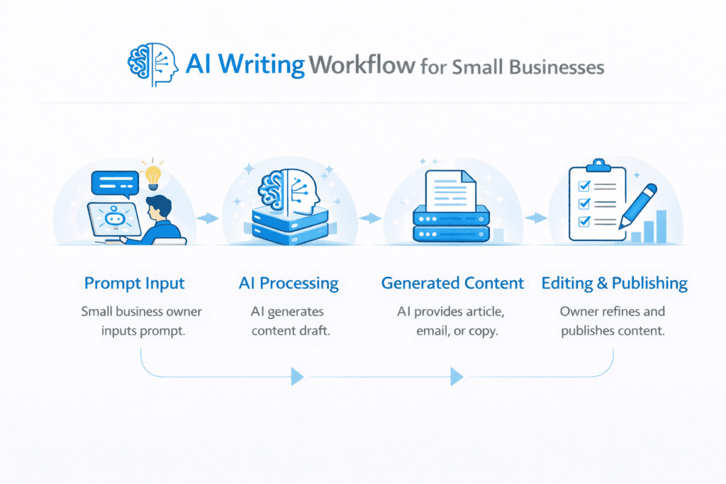 Workflow diagram showing how AI writing tools for small business create content from prompt to publishing