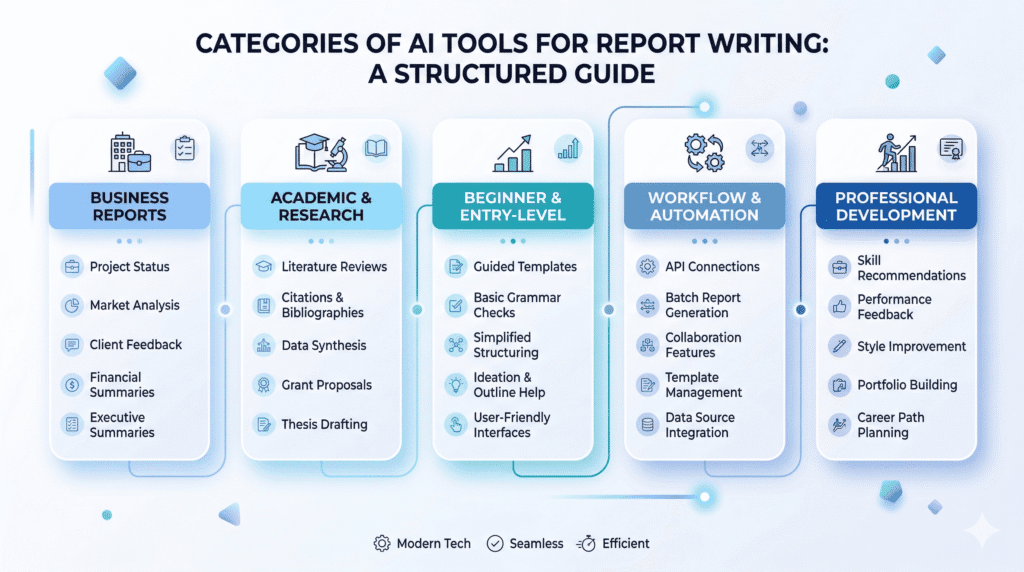 Categories of AI Tool for Writing Reports including business academic beginner workflow and professional tools