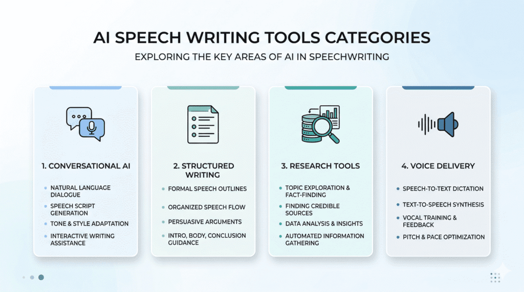 Categories of AI Tools for Speech Writing including conversational AI structured writing research tools and voice delivery