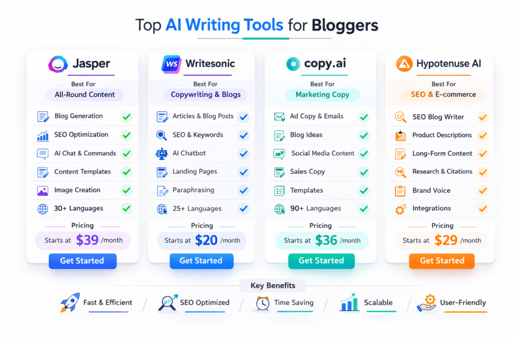Comparison of top AI writing tools for SEO including Jasper and Copy.ai