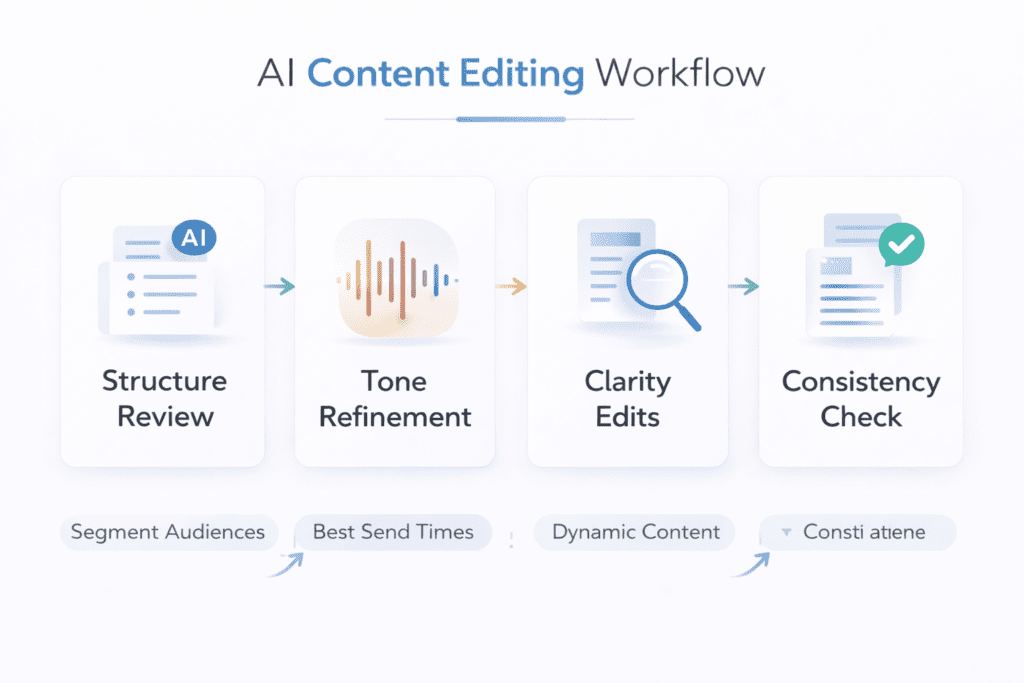AI content editing workflow showing steps to edit AI content from structure review to consistency check
