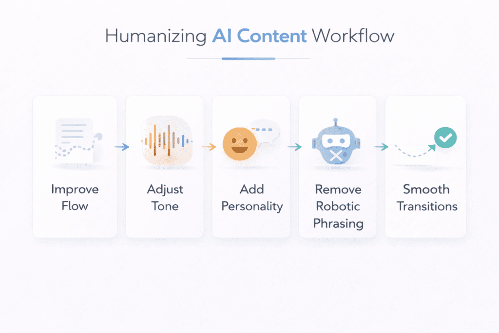 Workflow diagram showing steps to humanize AI content with tone and flow improvements
