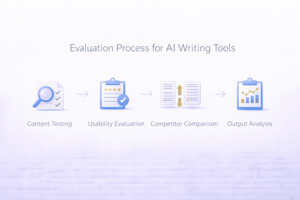 Evaluation process used to analyze Jasper AI pros and cons including testing and output review