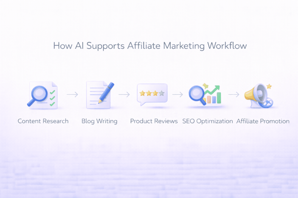 Workflow showing how ai writing tools for affiliate marketing support research writing SEO and promotion