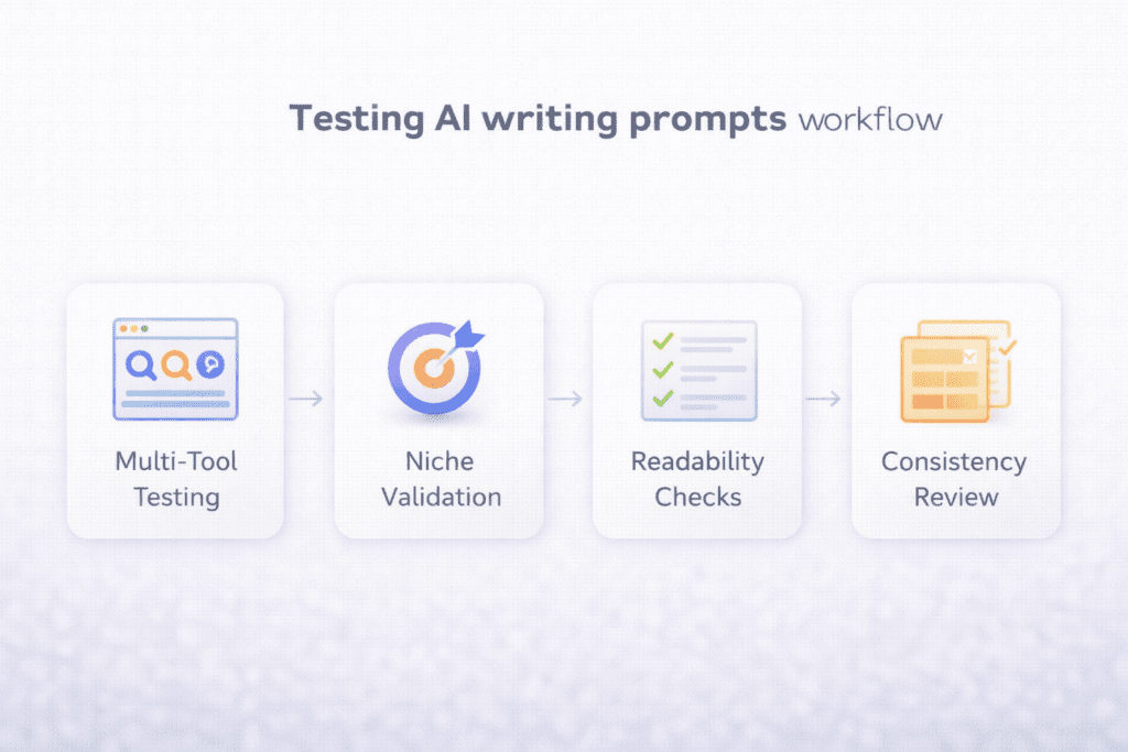 Workflow for testing ai writing prompts with validation and readability checks