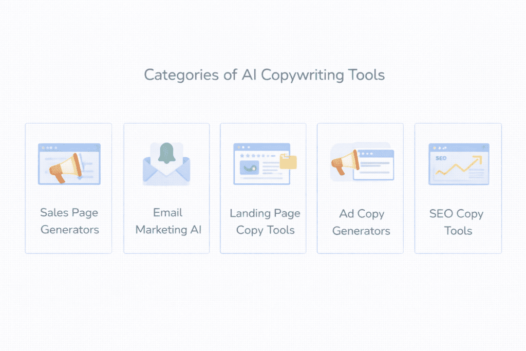 Infographic showing categories of ai copywriting tools for sales pages including email marketing AI landing page tools and SEO copy tools