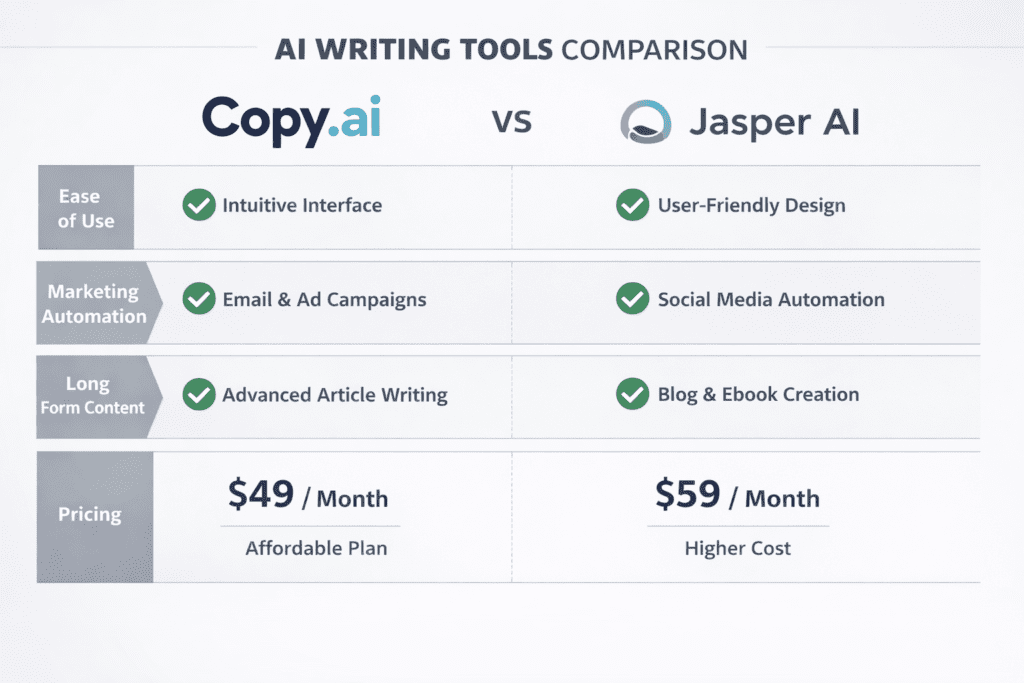 copy.ai vs jasper feature comparison chart including pricing and capabilities