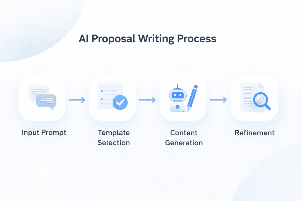 AI proposal writing process steps including input prompt, template selection, content generation, and refinement