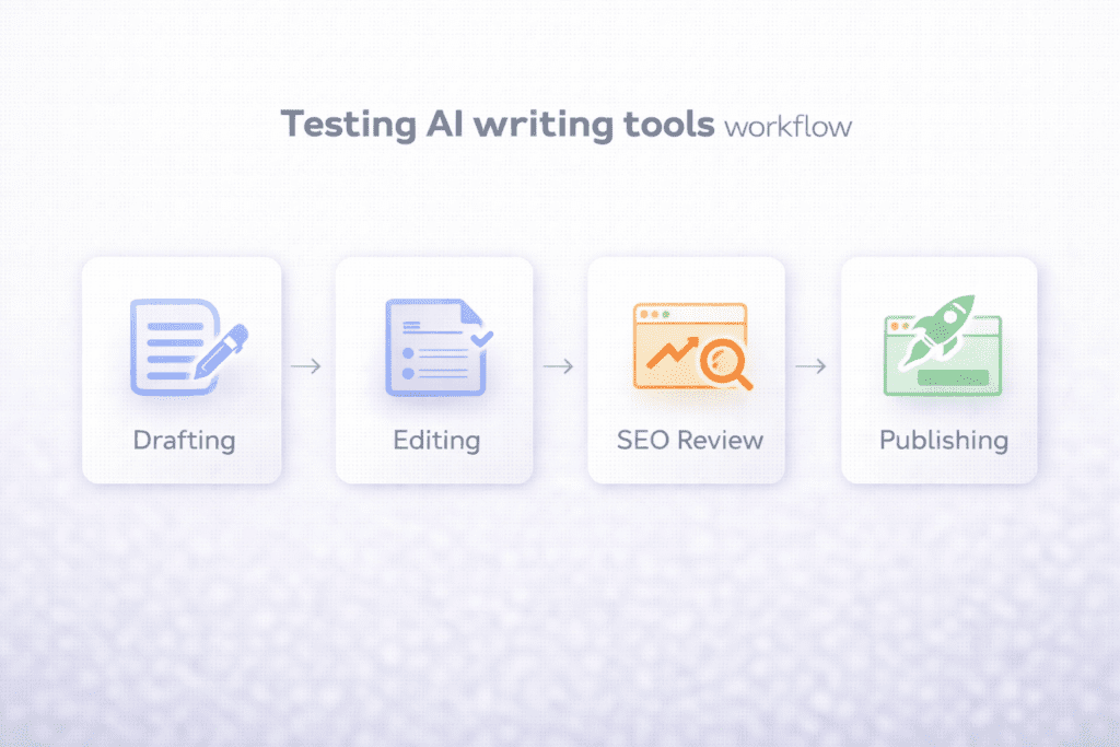 Workflow showing how AI writing tools for bloggers move from drafting to publishing
