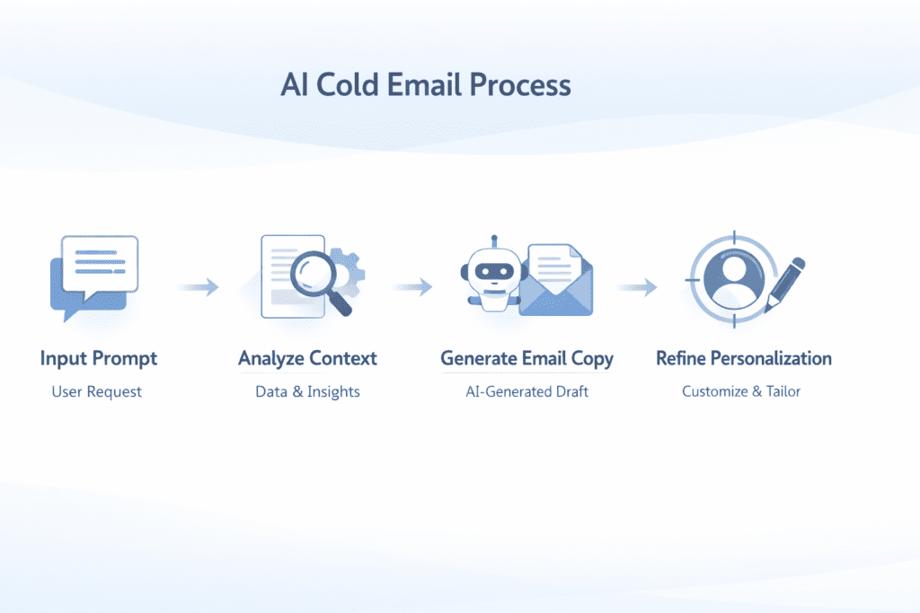 AI cold email process showing steps from input prompt to personalized email using ai tools for cold email copywriting