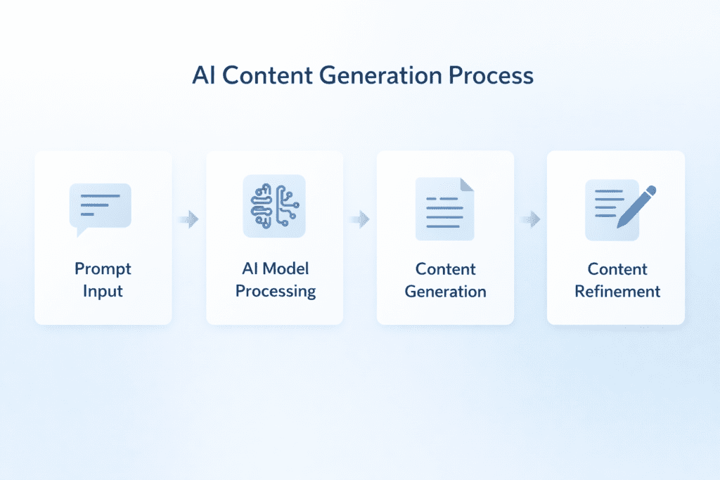AI content generation process showing prompt input model processing content creation and refinement using AI Tools for Content Writing