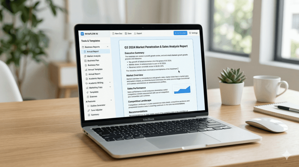 AI report writing software showing market analysis report with charts using AI Tool for Writing Reports