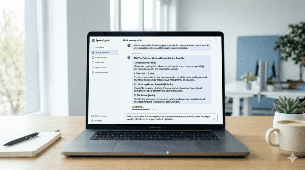 AI speech writing assistant generating structured speech content using AI Tools for Speech Writing on laptop