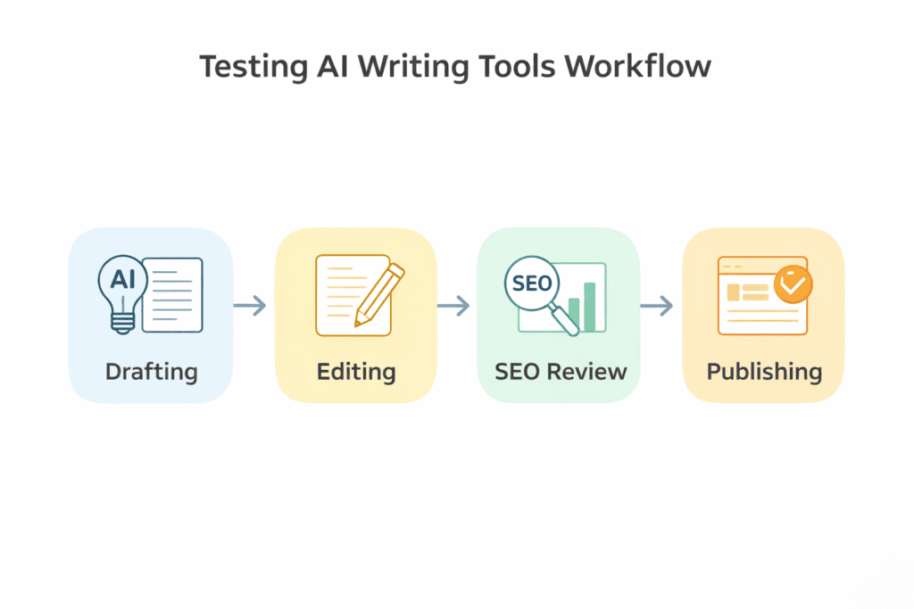 Workflow showing how AI writing tools for SEO go from drafting to publishing
