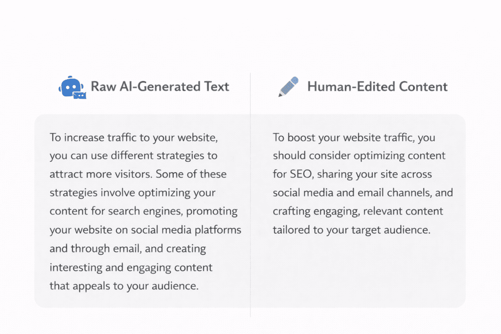 Comparison between raw AI text and human-edited text to better edit AI content