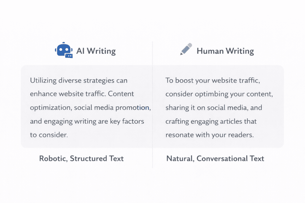 Comparison of AI writing vs human writing to explain how to humanize AI content