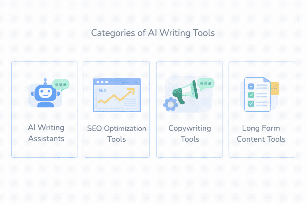 Categories of ai writing tools for affiliate marketing including AI writing assistants SEO tools and copywriting tools
