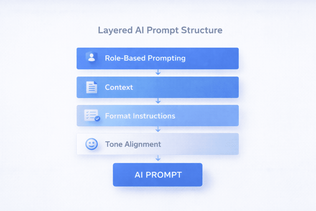 Layered ai writing prompts structure showing role context and tone
