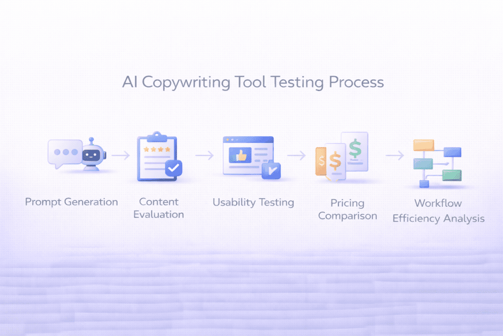 Testing framework used to evaluate ai copywriting tools for sales pages including prompt generation and usability testing