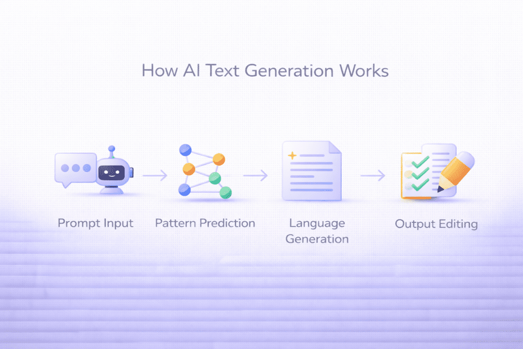 Simple diagram showing how AI text generation works and where common AI writing mistakes can happen