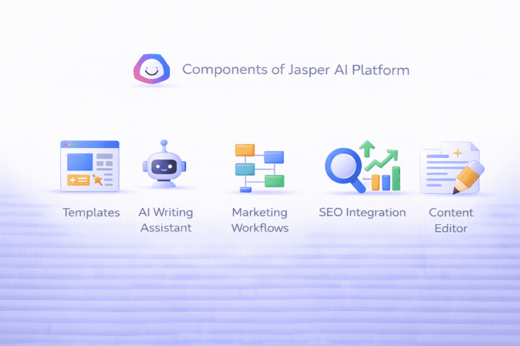 Infographic explaining the components of Jasper AI platform to show how does Jasper AI work