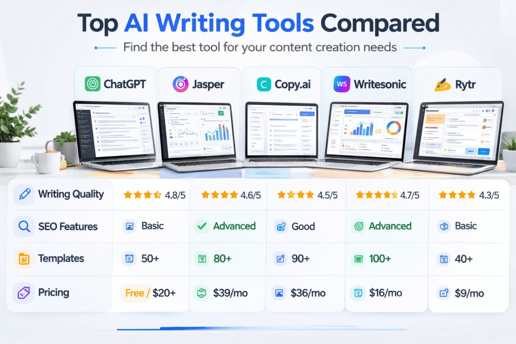 Comparison chart of popular AI writing tools for small business including ChatGPT Jasper Copy.ai Writesonic and Rytr