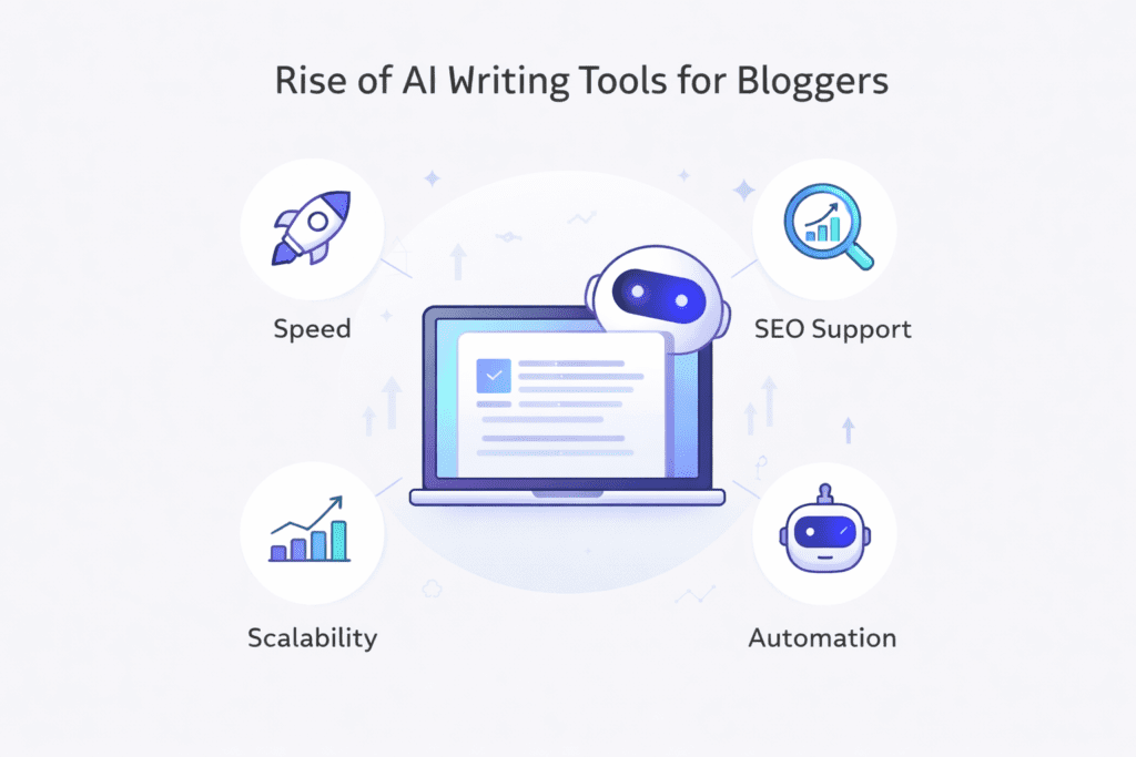 Illustration showing rise of AI writing tools for bloggers with automation and SEO support