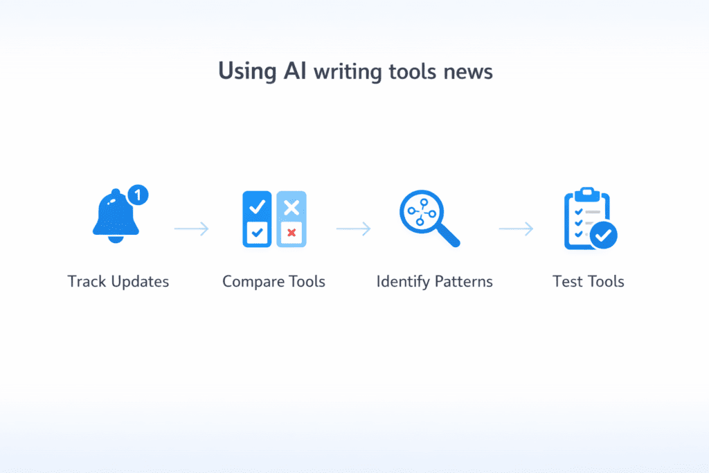 Using AI Writing Tools News workflow steps including tracking updates, comparing tools, identifying patterns, and testing tools