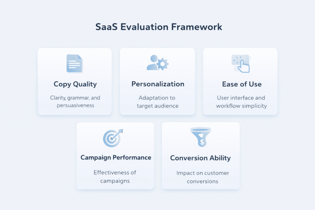 SaaS evaluation framework for ai tools for cold email copywriting including copy quality personalization and ease of use