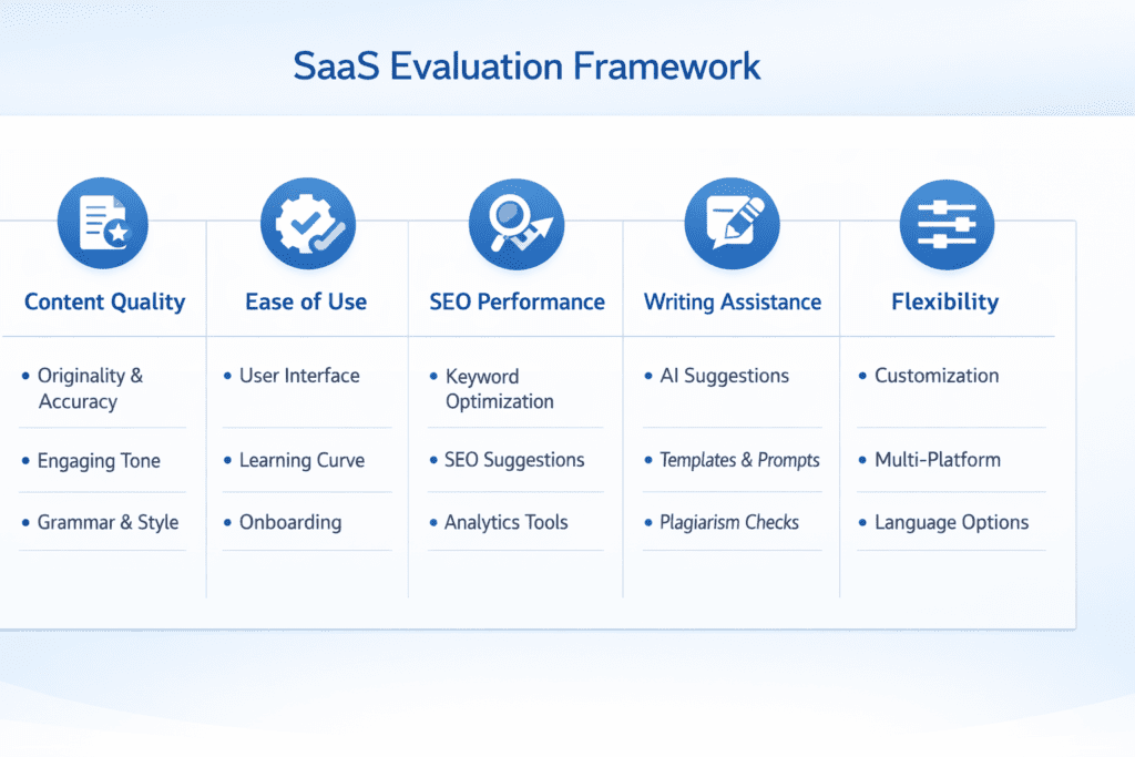Evaluation framework for AI Tools for Content Writing including content quality SEO performance ease of use and flexibility