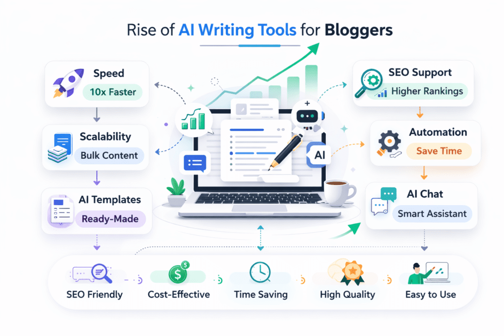 Rise of AI writing tools for SEO showing automation and higher rankings
