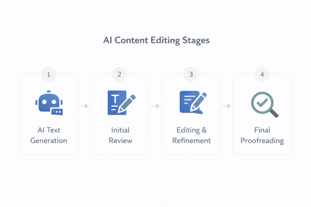 AI content editing stages showing steps used to edit AI content from generation to final proofreading