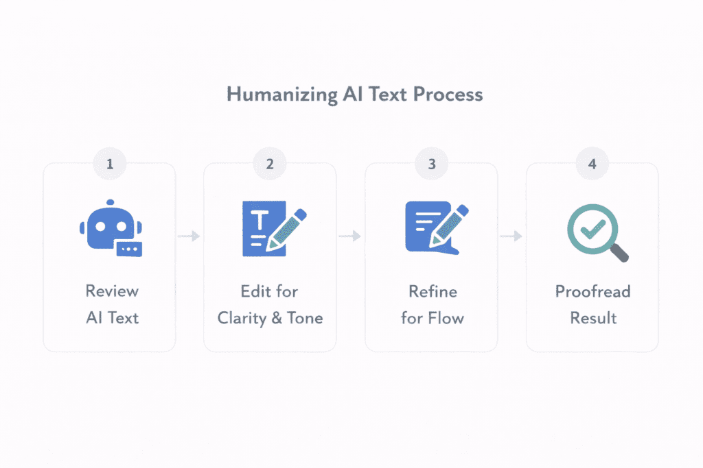 Step-by-step diagram illustrating how to humanize AI content with editing stages