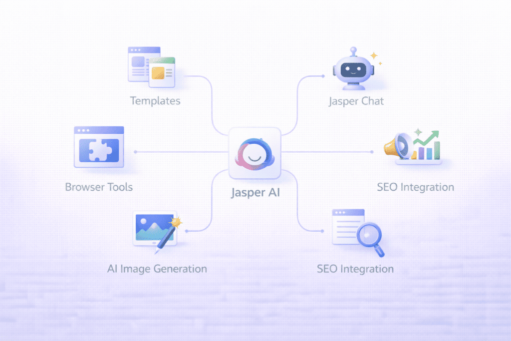 Diagram showing Jasper AI ecosystem and integrations for marketing and content creation