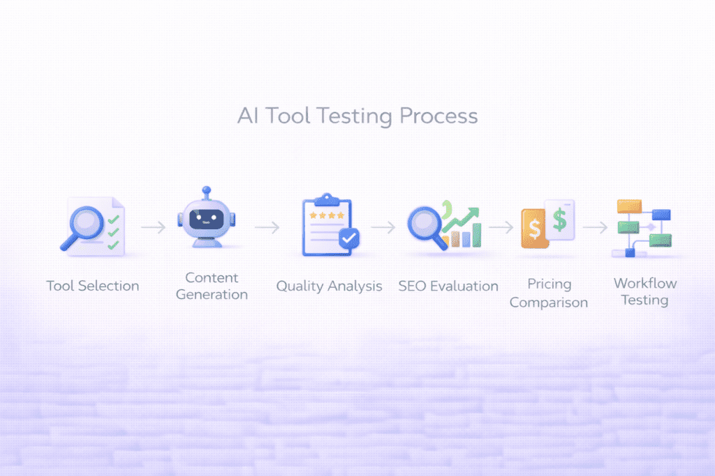Evaluation process used to test ai writing tools for affiliate marketing including SEO analysis and pricing comparison