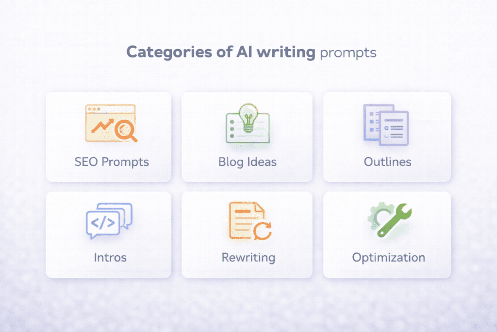 Categories of ai writing prompts including seo blog ideas and rewriting