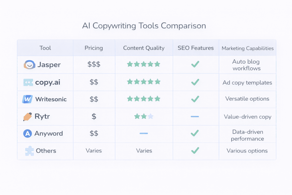 Comparison table of popular ai copywriting tools for sales pages including Jasper Copy.ai Writesonic Rytr and Anyword