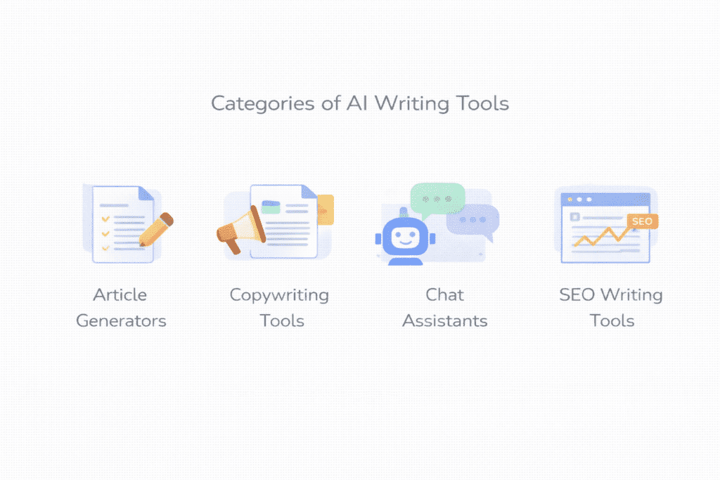 Overview of AI writing tool categories often linked to common AI writing mistakes when used incorrectly