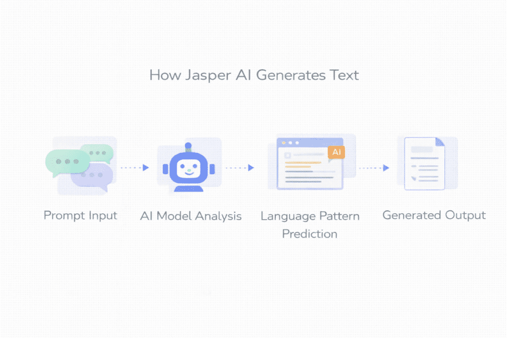 Simple workflow diagram explaining how does Jasper AI work from prompt input to generated output