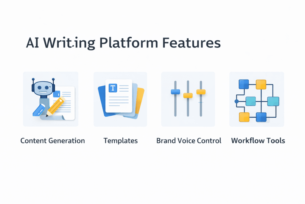 Infographic showing AI writing platform features to explain what is Jasper AI
