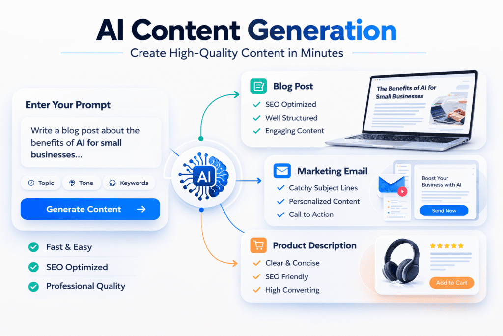Diagram explaining how AI writing tools for small business generate blog posts emails and product descriptions