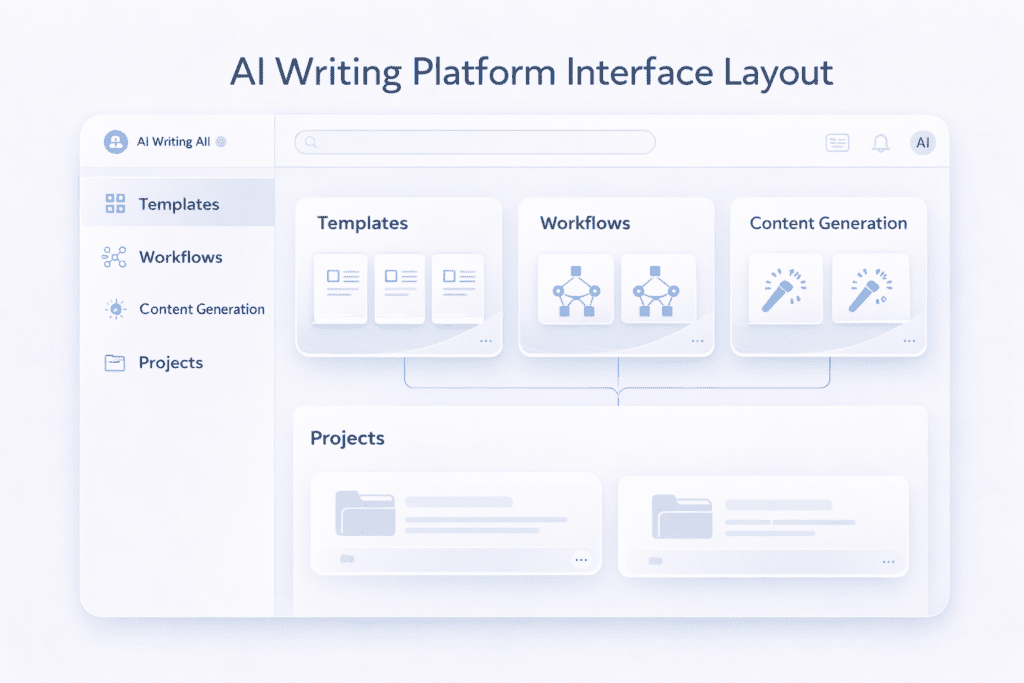 AI writing platform interface layout shown in Copy AI review of dashboard features