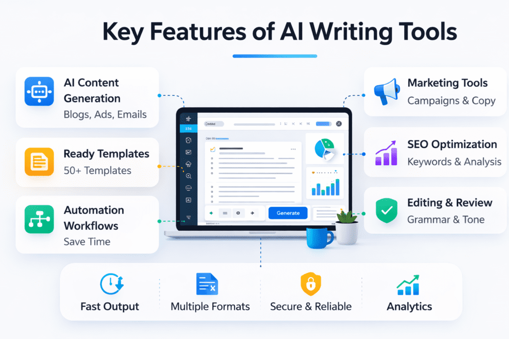 Key features of AI writing tools shown in what is Copy.ai beginner guide