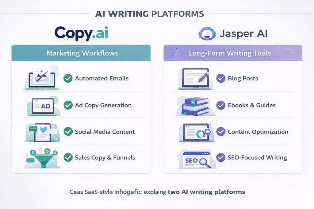 copy.ai vs jasper platform features including templates automation and integrations