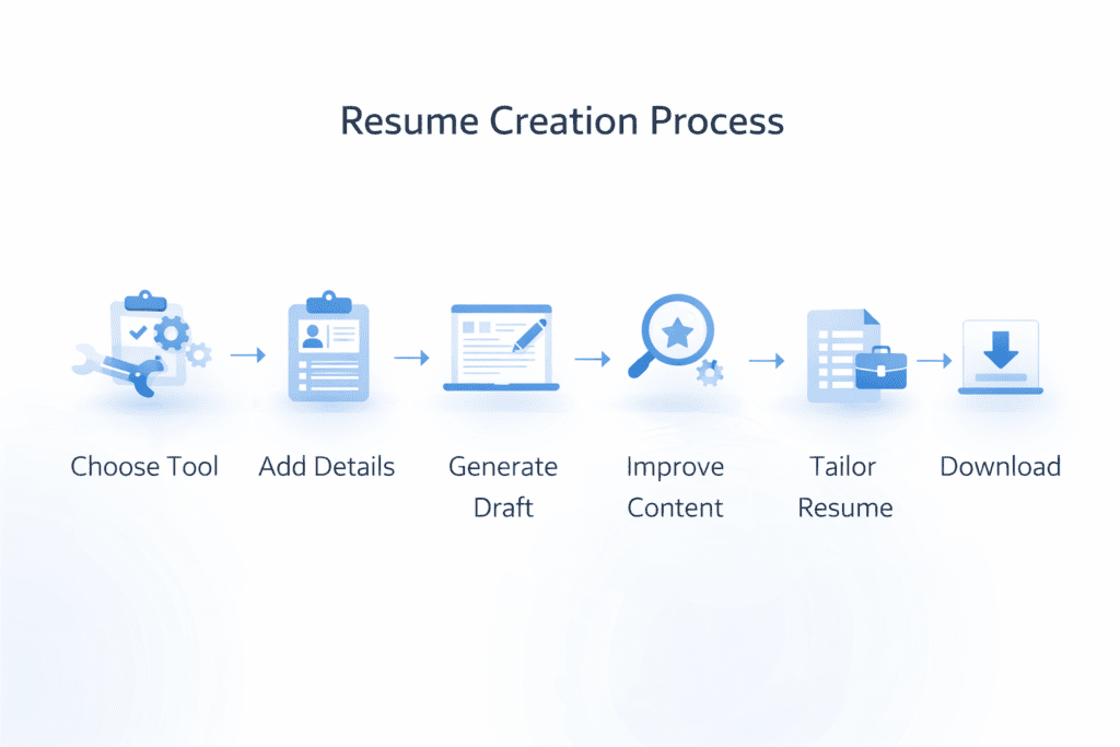 Resume creation process using ai tool for resume writing from choosing tool to tailoring and downloading resume